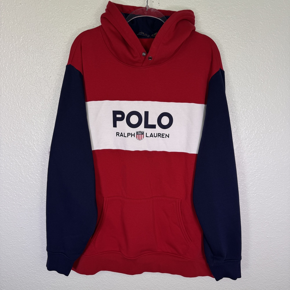 Polo Ralph Lauren Hoodie Mens 2XL Colorblock Fleece Pullover Logo Spell Out XXL